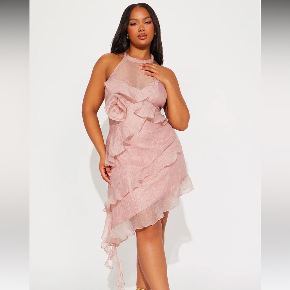 Fashion Nova Pink Ruffle Halter Mini Dress